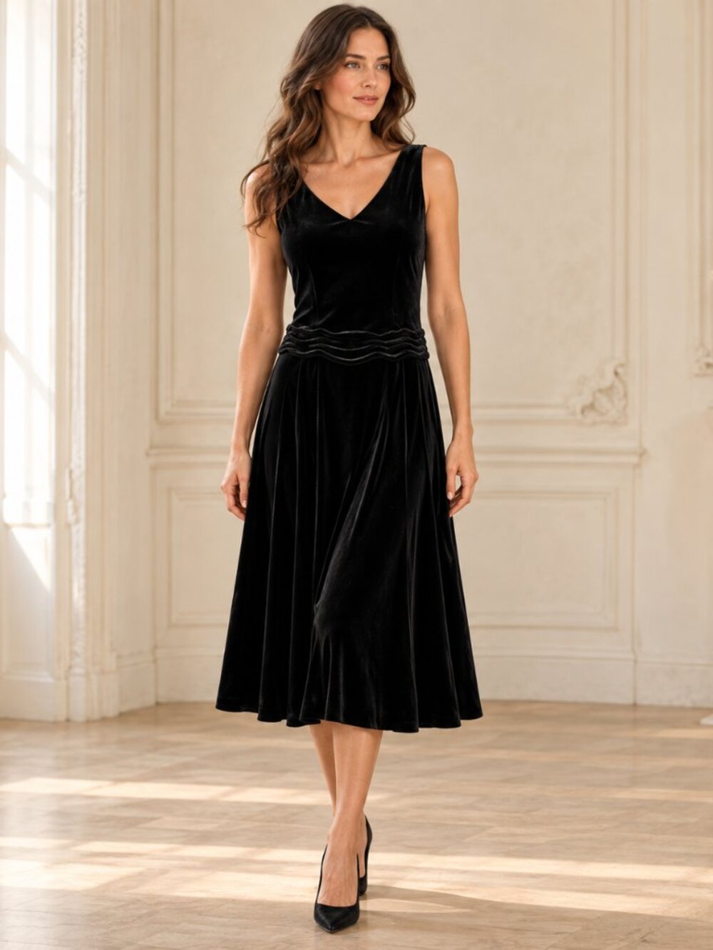 Jonathan Martin Vintage Velvet Dress 10 Black Ruched Waist 90s Goth Midi